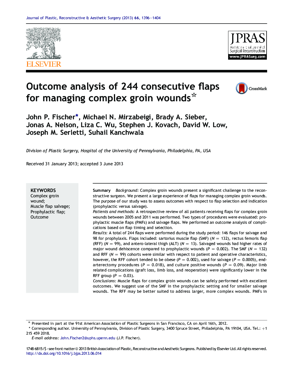 Outcome analysis of 244 consecutive flaps for managing complex groin wounds 