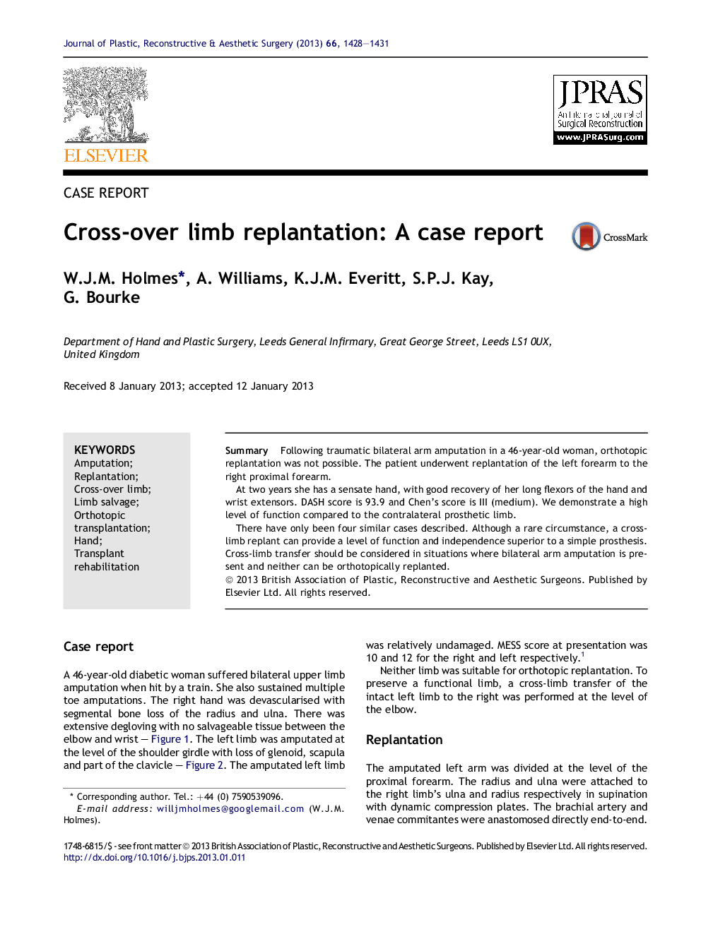 عکس صفحه اول مقاله: Cross-over limb replantation: A case report Cross-over limb replantation: A case report