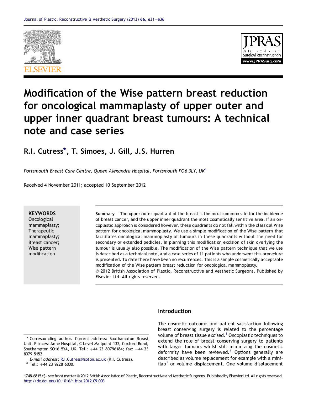 Modification of the Wise pattern breast reduction for oncological mammaplasty of upper outer and upper inner quadrant breast tumours. A technical note and case series