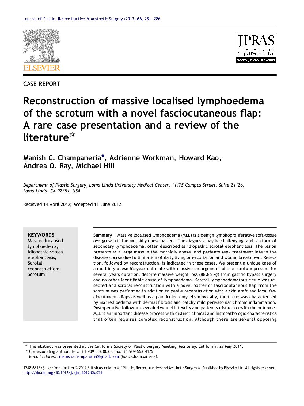 Reconstruction of massive localised lymphoedema of the scrotum with a novel fasciocutaneous flap: A rare case presentation and a review of the literature 