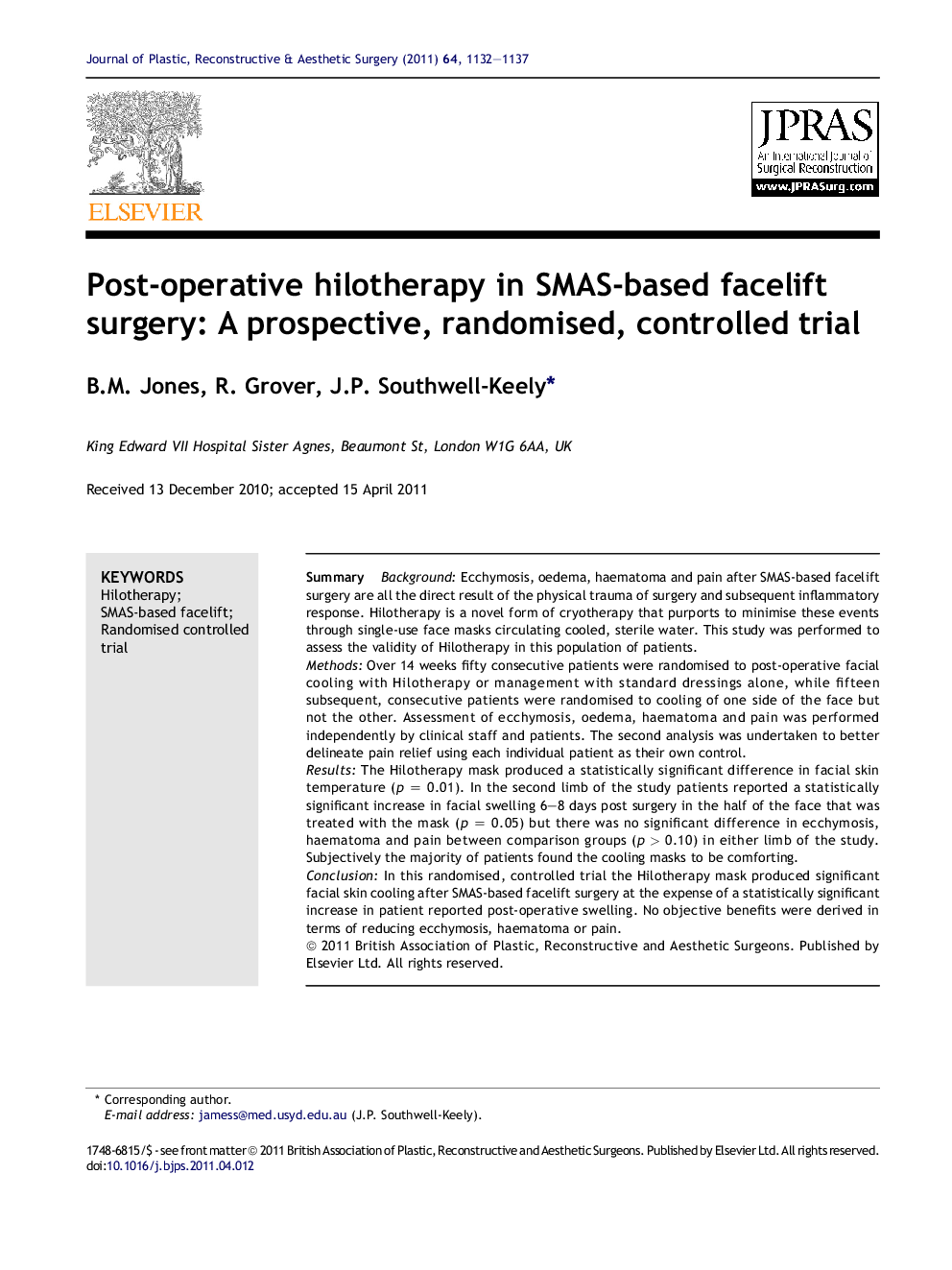 Post-operative hilotherapy in SMAS-based facelift surgery: A prospective, randomised, controlled trial