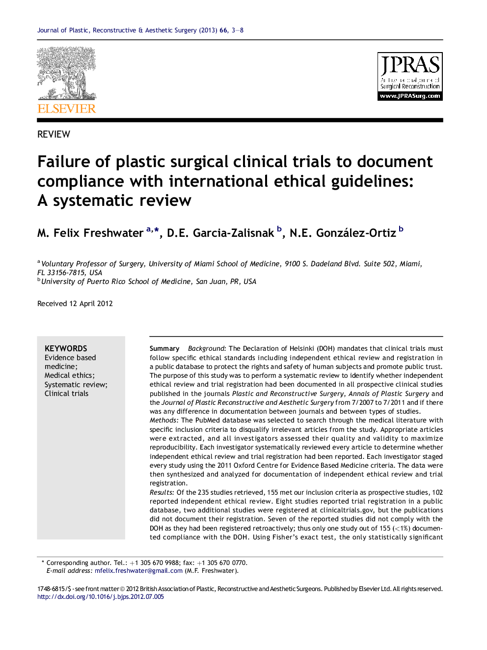 Failure of plastic surgical clinical trials to document compliance with international ethical guidelines: A systematic review