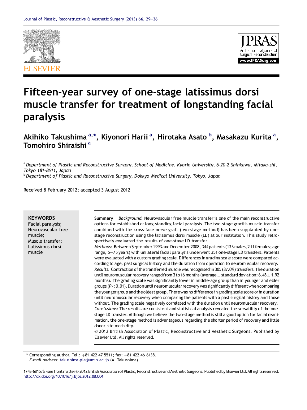 Fifteen-year survey of one-stage latissimus dorsi muscle transfer for treatment of longstanding facial paralysis