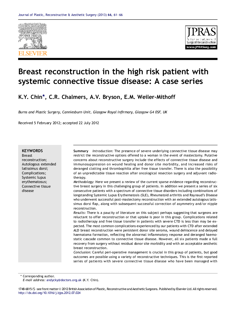 Breast reconstruction in the high risk patient with systemic connective tissue disease: A case series