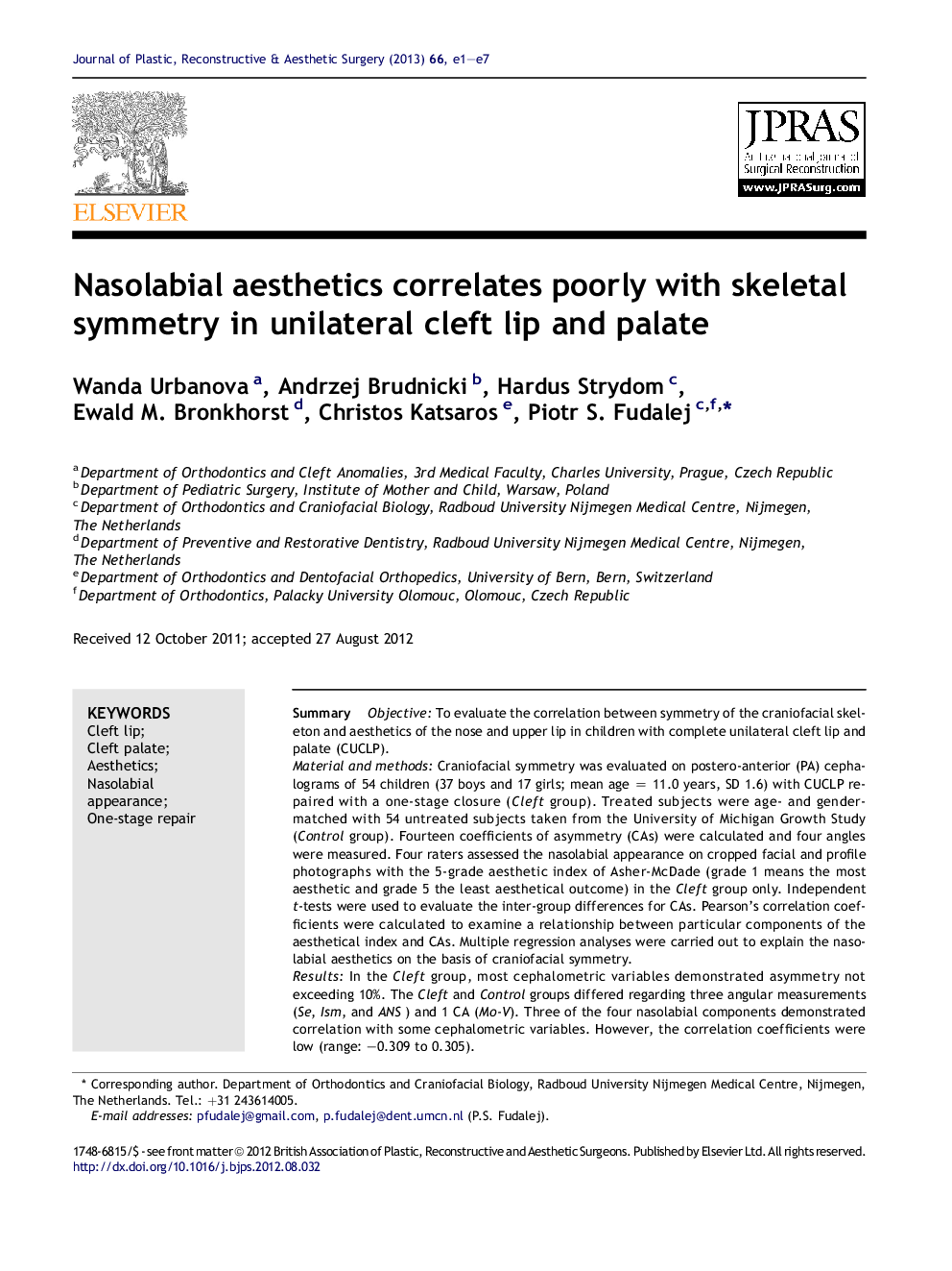 Nasolabial aesthetics correlates poorly with skeletal symmetry in unilateral cleft lip and palate