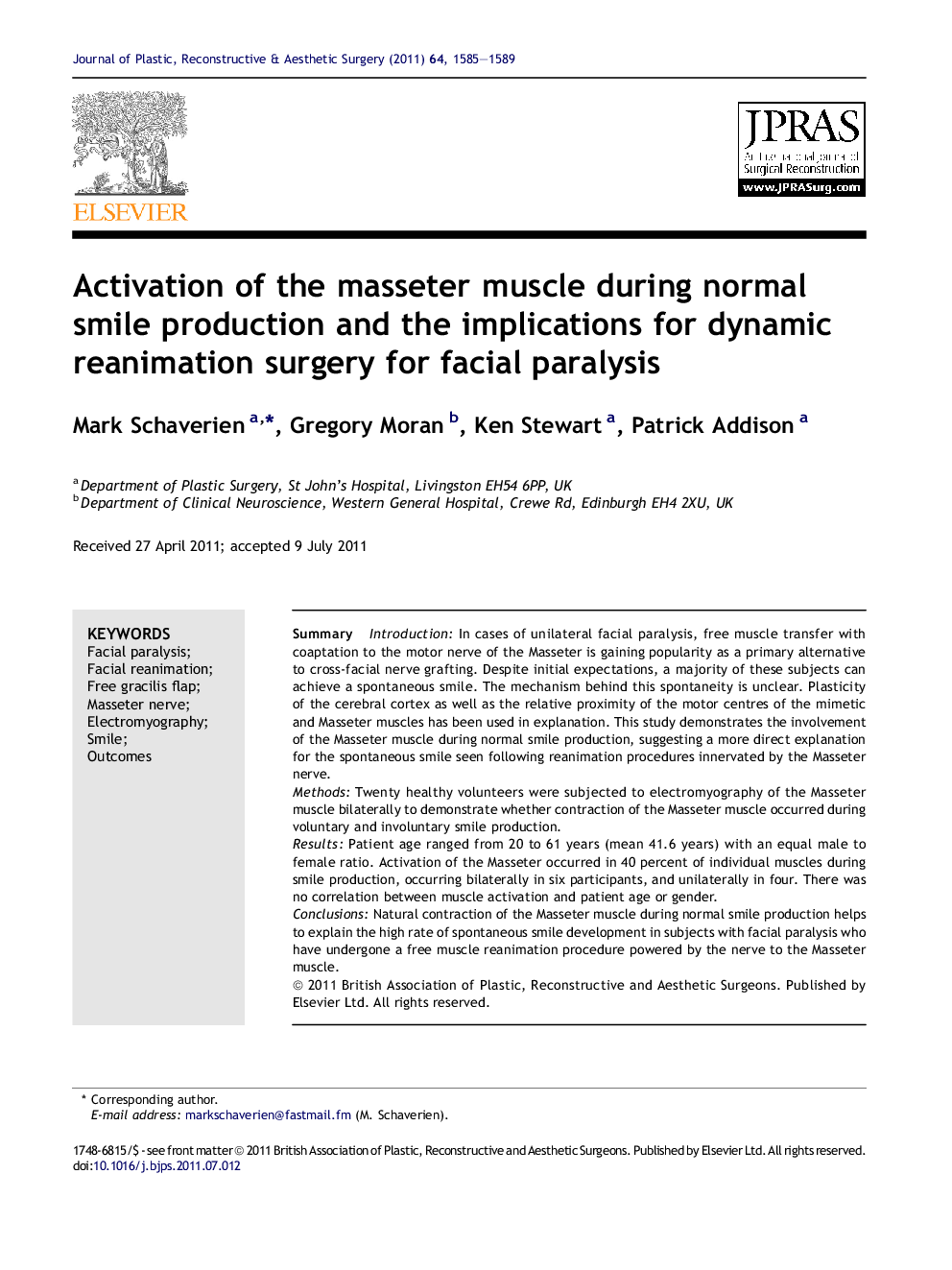 Activation of the masseter muscle during normal smile production and the implications for dynamic reanimation surgery for facial paralysis