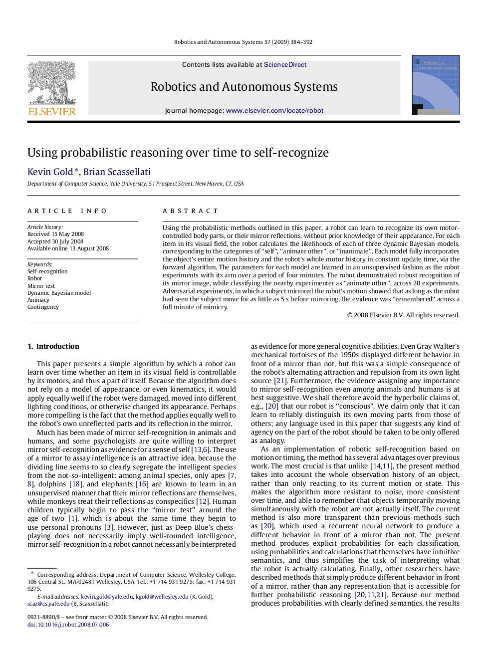 Using probabilistic reasoning over time to self-recognize