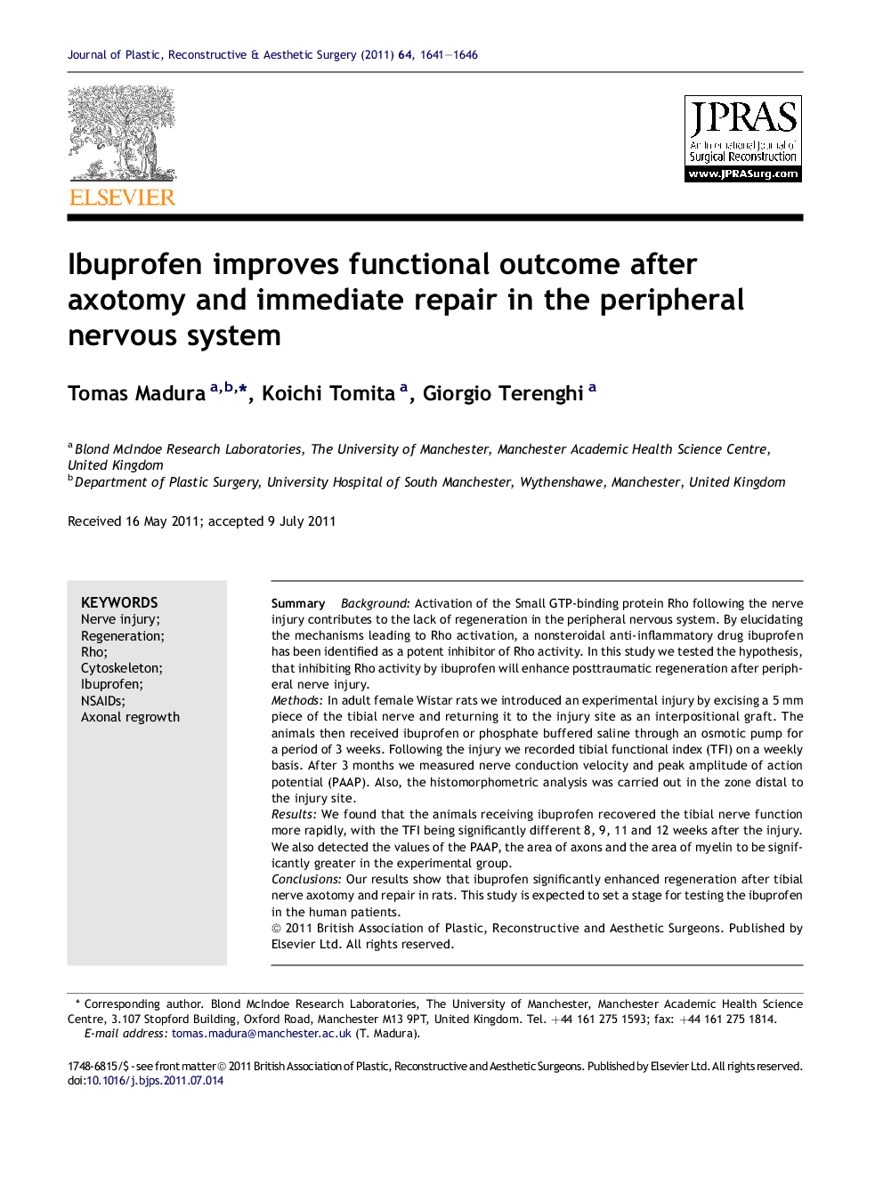 Ibuprofen improves functional outcome after axotomy and immediate repair in the peripheral nervous system