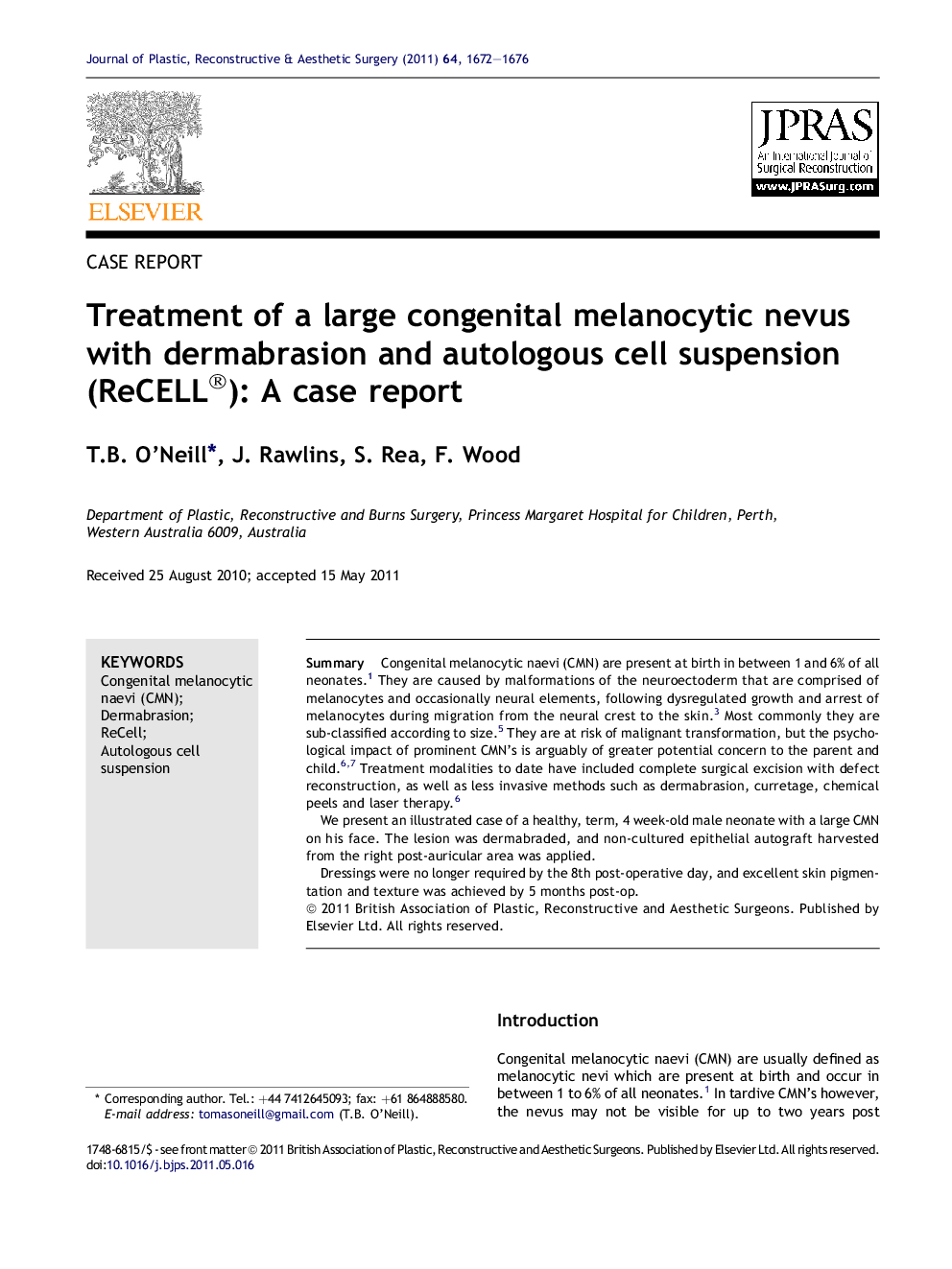 Treatment of a large congenital melanocytic nevus with dermabrasion and autologous cell suspension (ReCELL®): A case report