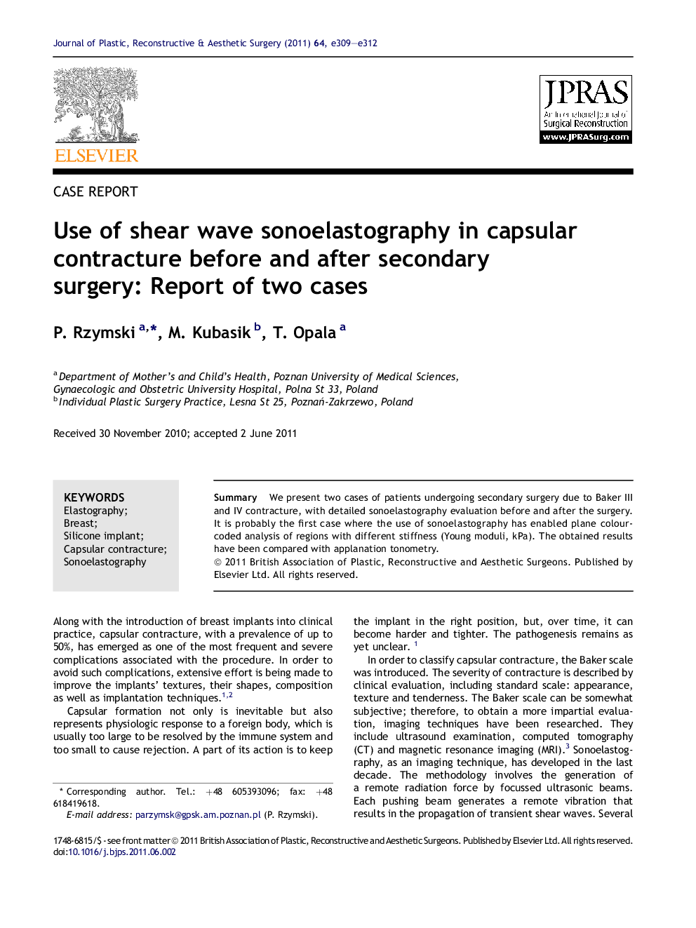 Use of shear wave sonoelastography in capsular contracture before and after secondary surgery: Report of two cases