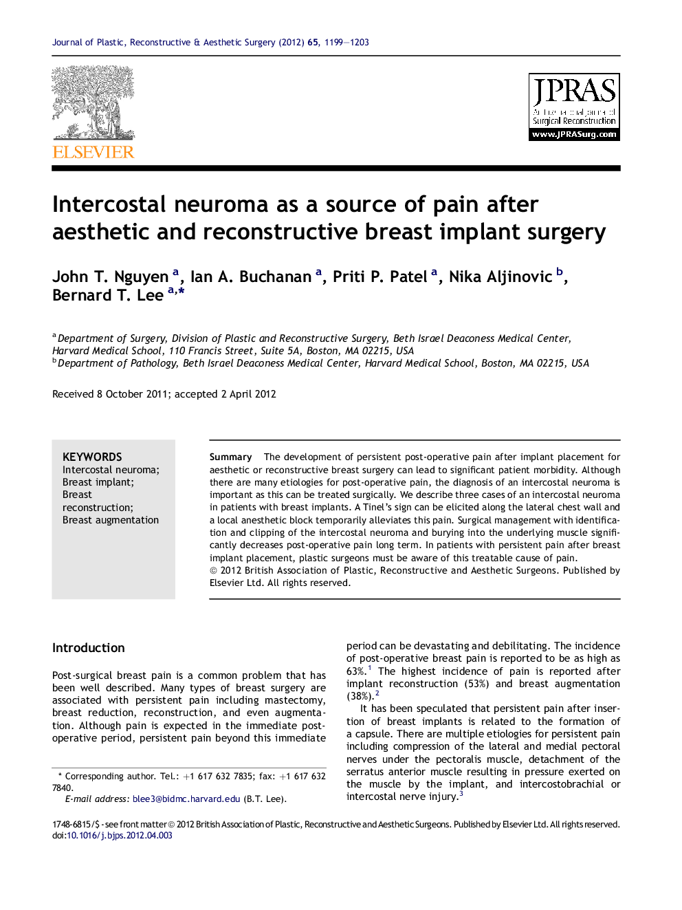 Intercostal neuroma as a source of pain after aesthetic and reconstructive breast implant surgery