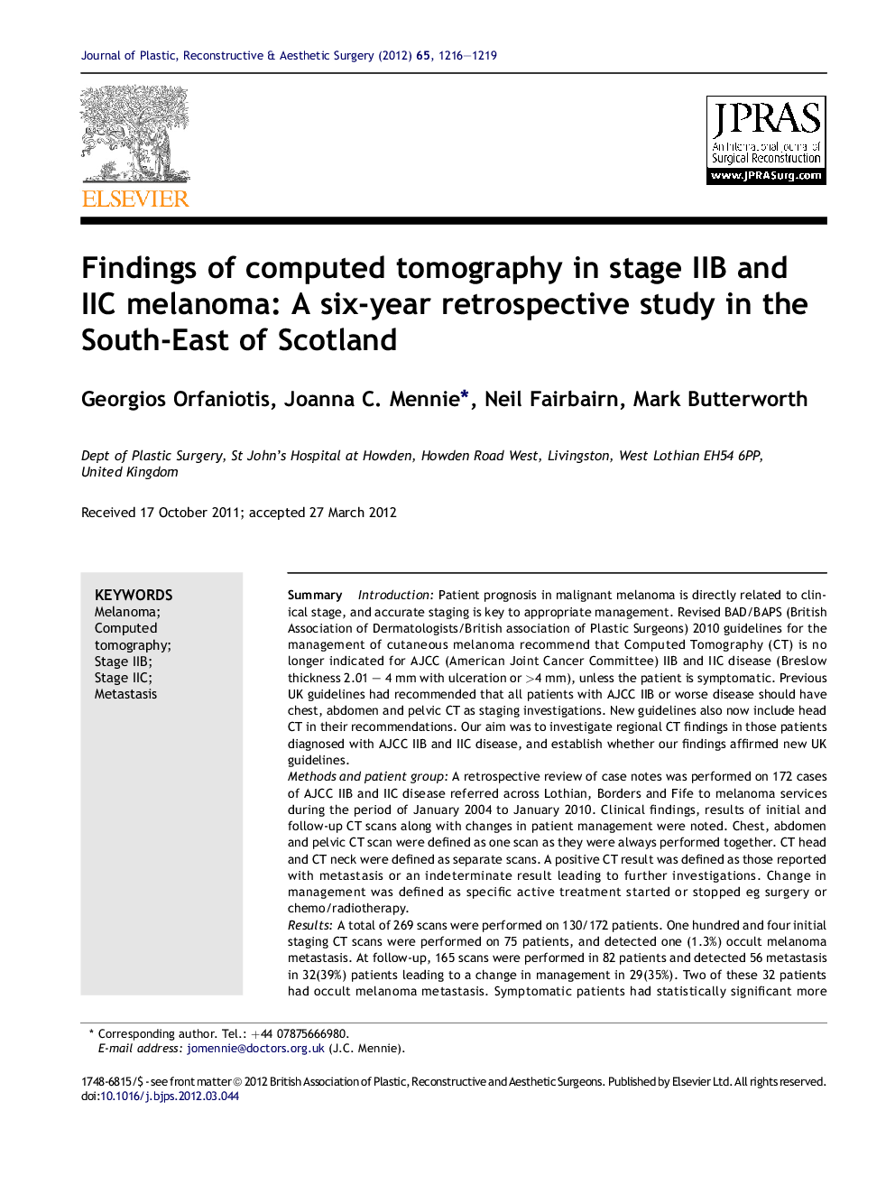 Findings of computed tomography in stage IIB and IIC melanoma: A six-year retrospective study in the South-East of Scotland