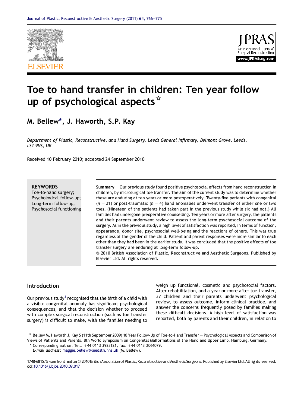 Toe to hand transfer in children: Ten year follow up of psychological aspects 