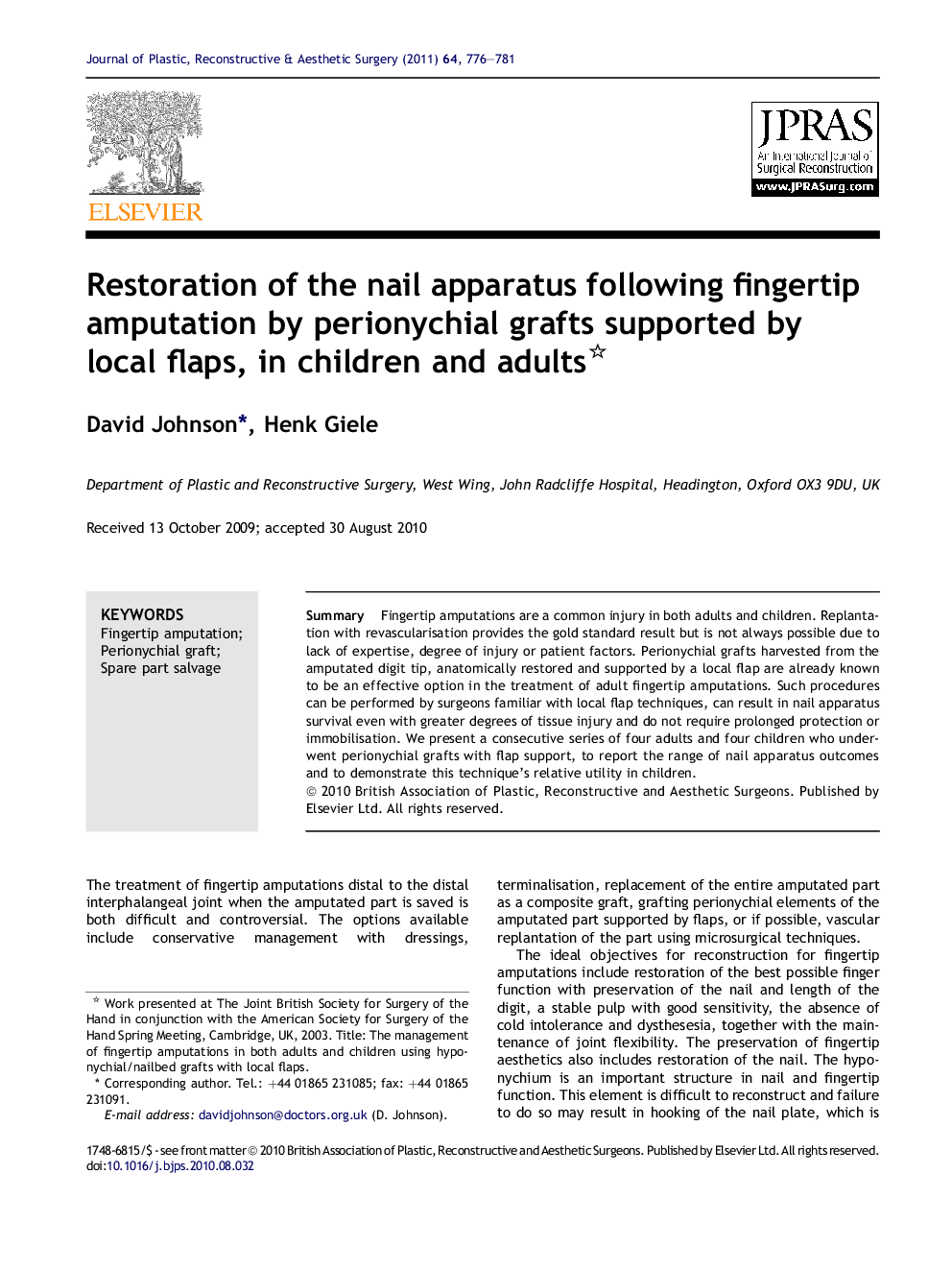 Restoration of the nail apparatus following fingertip amputation by perionychial grafts supported by local flaps, in children and adults 