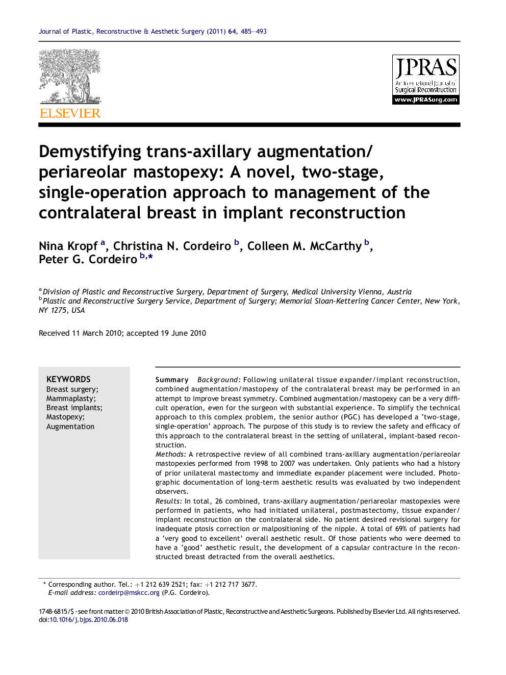 Demystifying trans-axillary augmentation/periareolar mastopexy: A novel, two-stage, single-operation approach to management of the contralateral breast in implant reconstruction