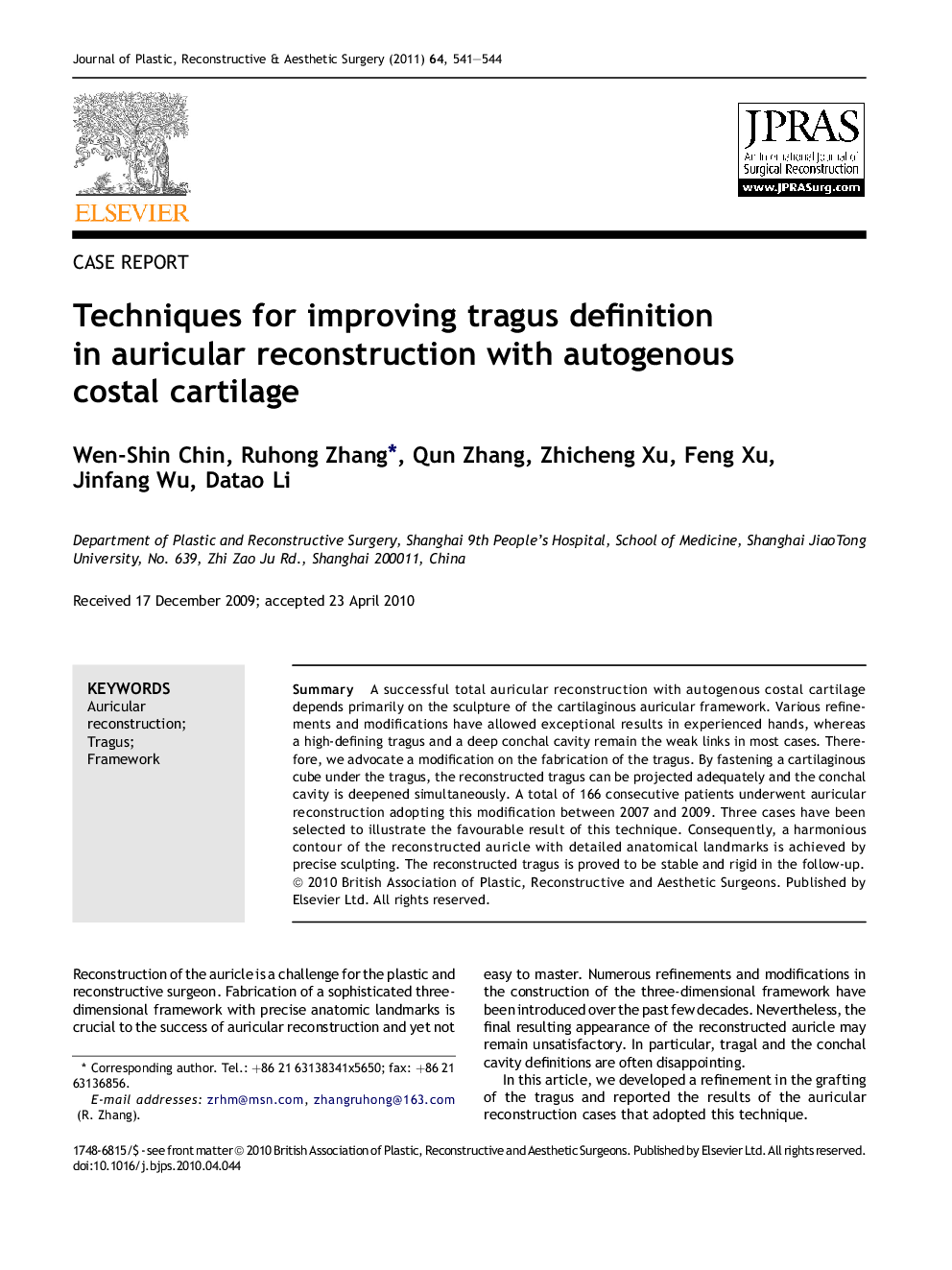 Techniques for improving tragus definition in auricular reconstruction with autogenous costal cartilage