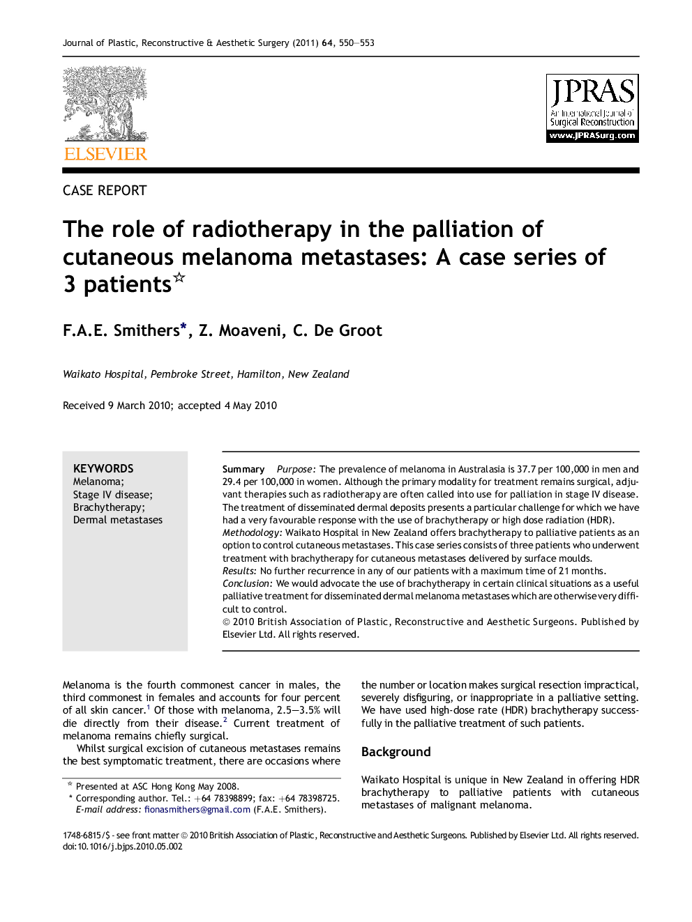 The role of radiotherapy in the palliation of cutaneous melanoma metastases: A case series of 3 patients 