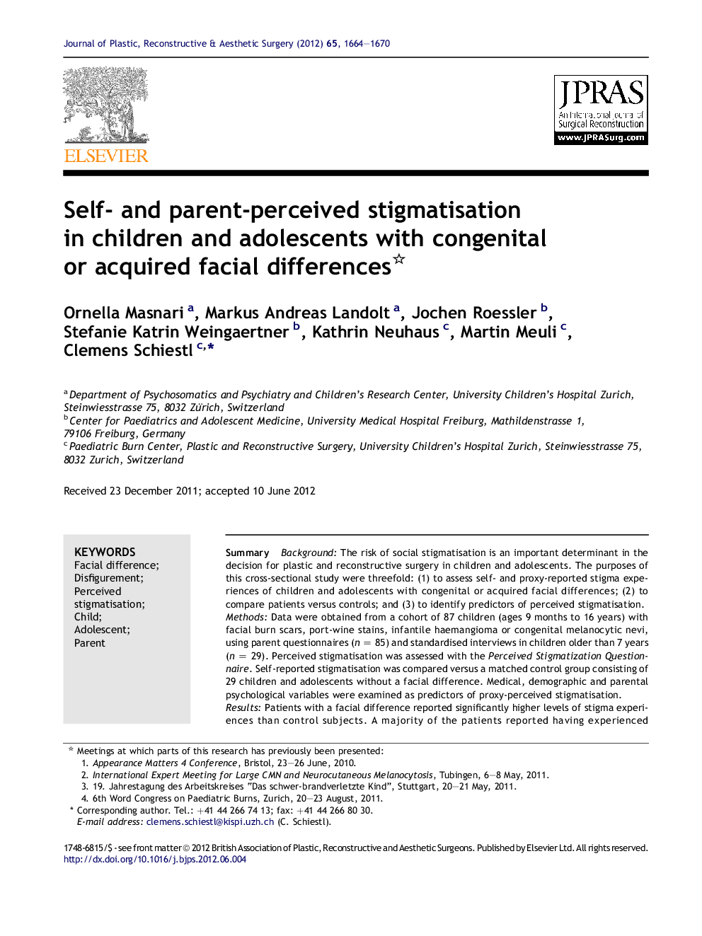 Self- and parent-perceived stigmatisation in children and adolescents with congenital or acquired facial differences 