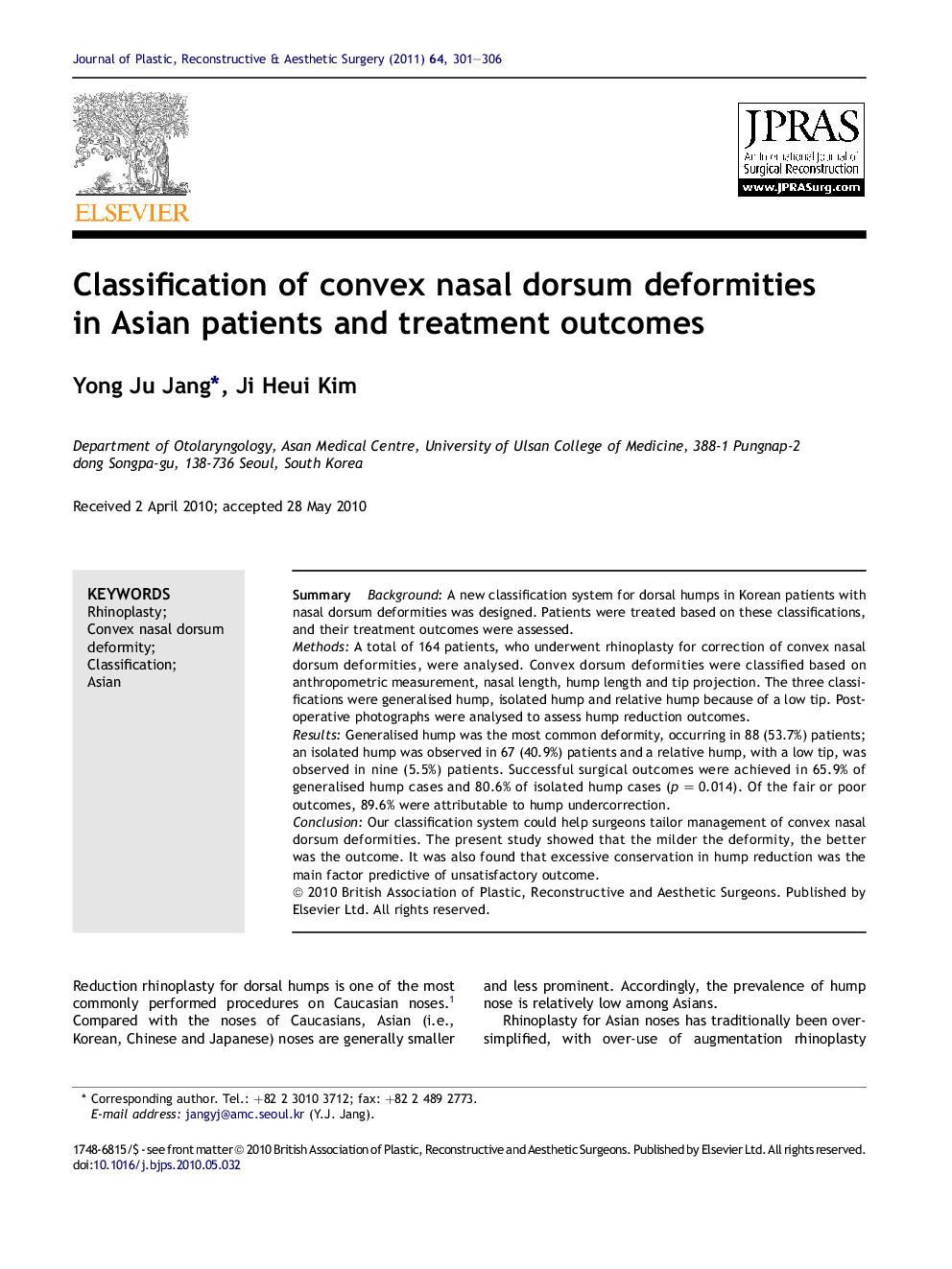 Classification of convex nasal dorsum deformities in Asian patients and treatment outcomes