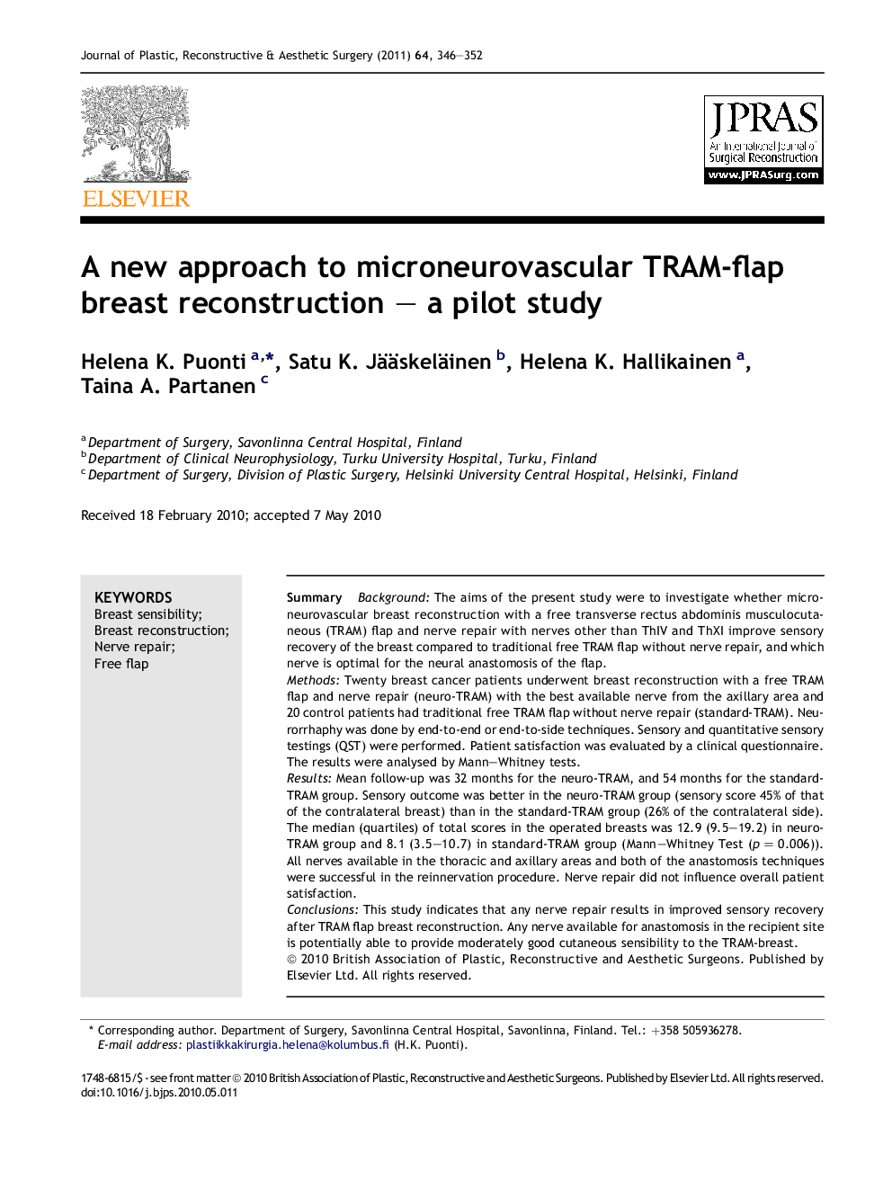 A new approach to microneurovascular TRAM-flap breast reconstruction – a pilot study