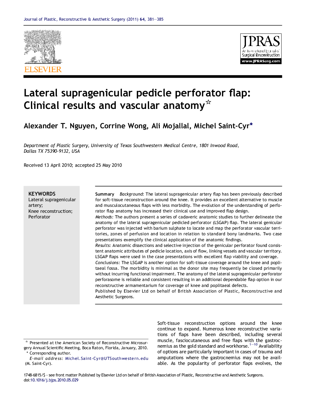 Lateral supragenicular pedicle perforator flap: Clinical results and vascular anatomy 