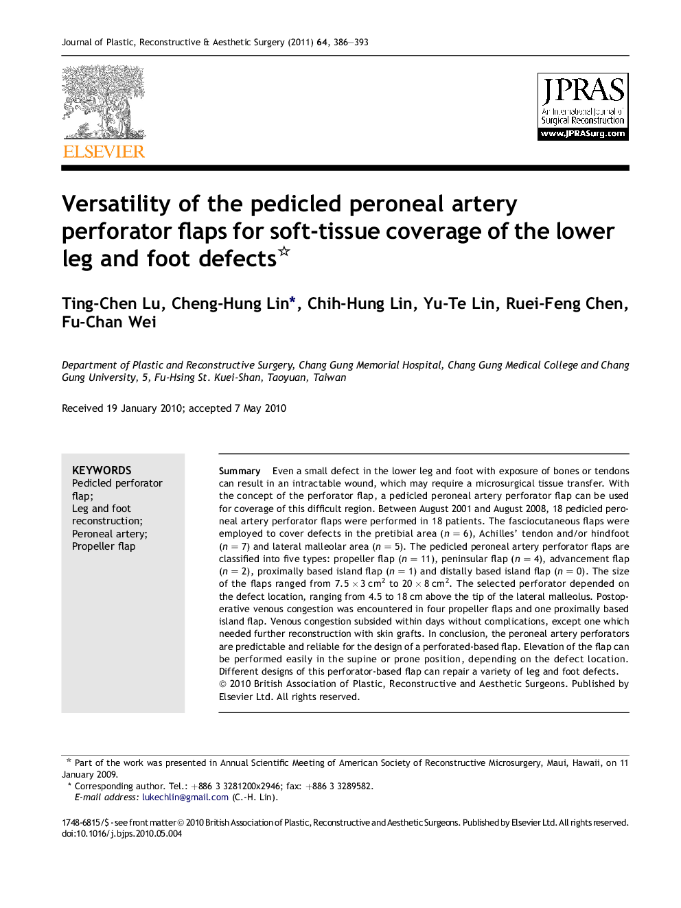 Versatility of the pedicled peroneal artery perforator flaps for soft-tissue coverage of the lower leg and foot defects 