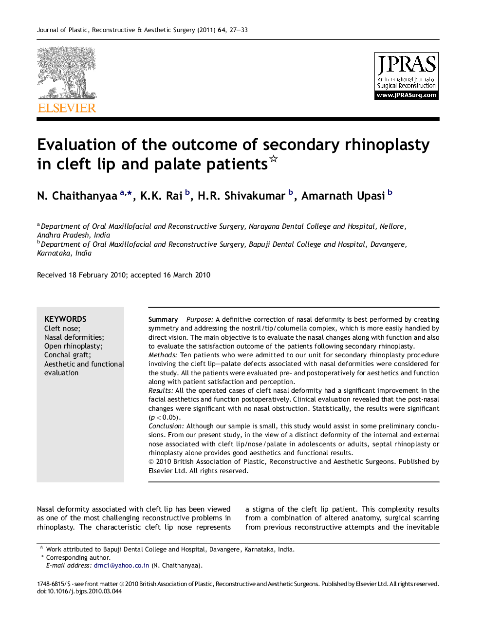 Evaluation of the outcome of secondary rhinoplasty in cleft lip and palate patients 