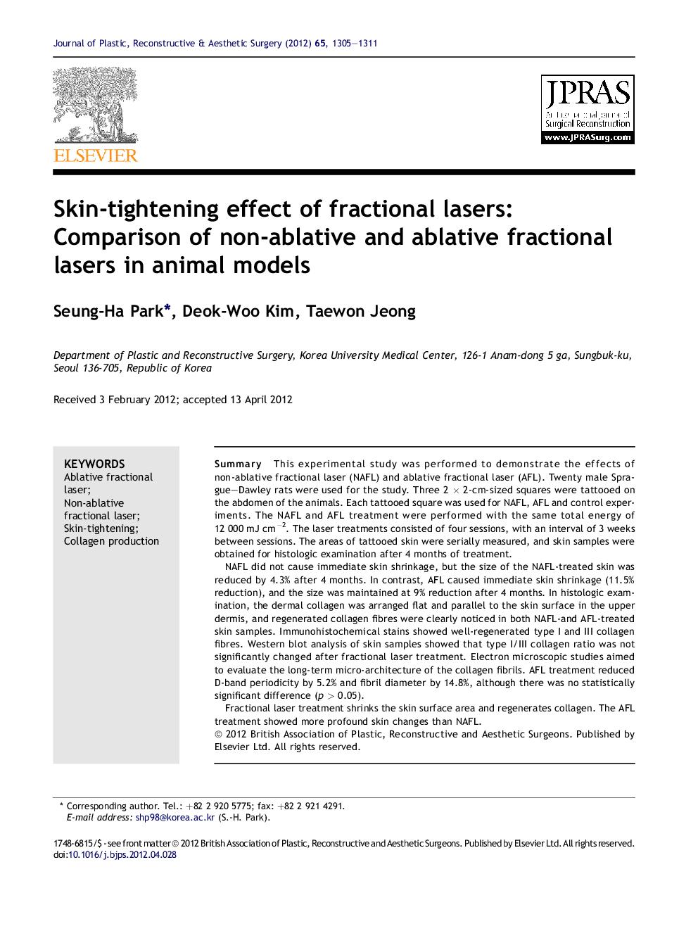 Skin-tightening effect of fractional lasers: Comparison of non-ablative and ablative fractional lasers in animal models