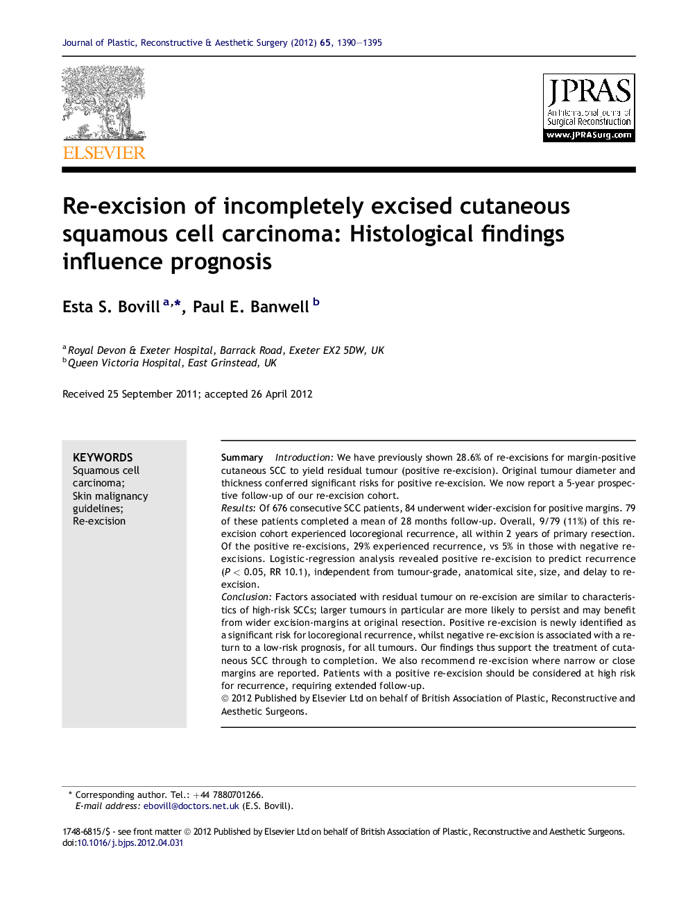 Re-excision of incompletely excised cutaneous squamous cell carcinoma: Histological findings influence prognosis