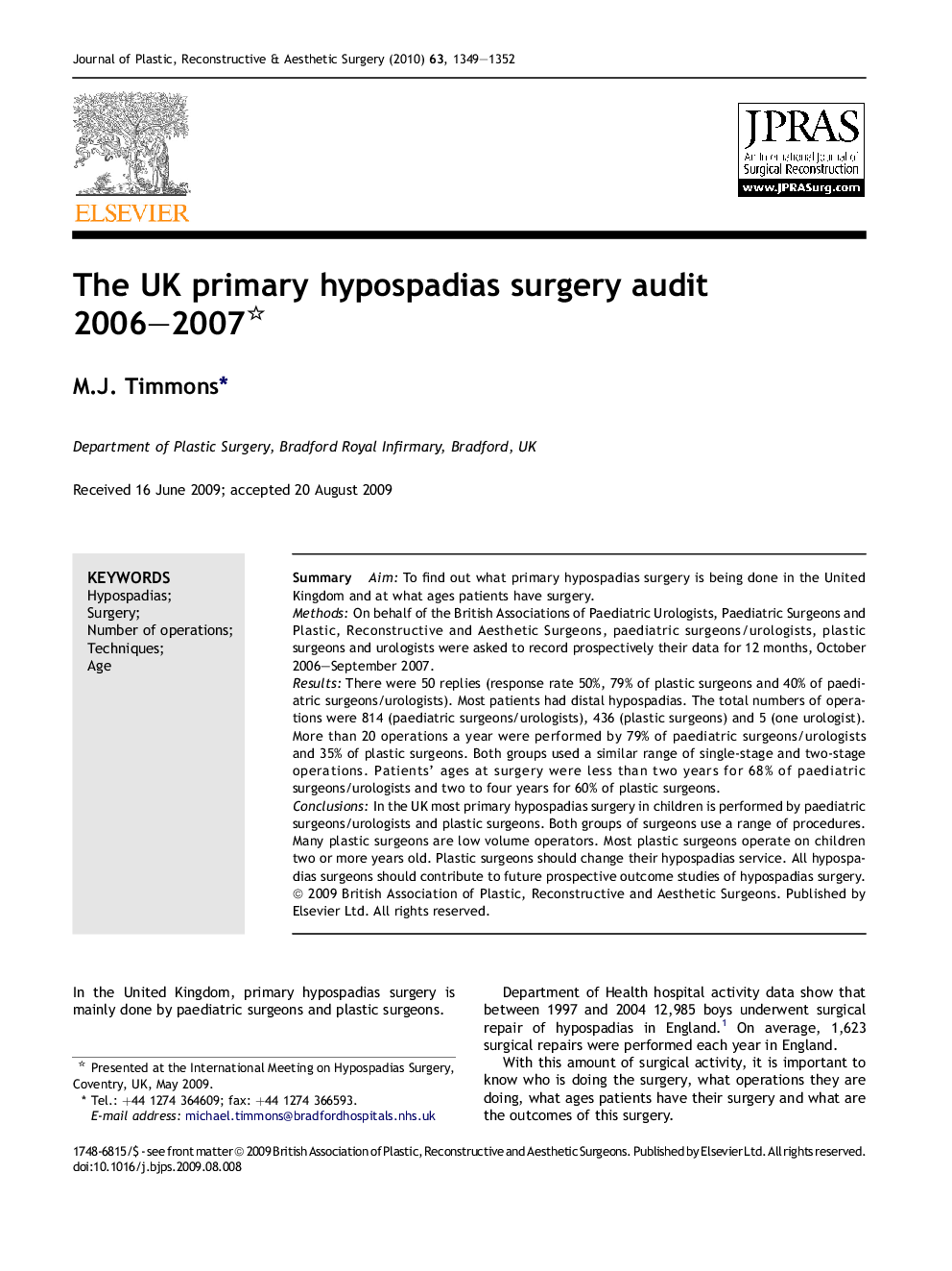 The UK primary hypospadias surgery audit 2006–2007 