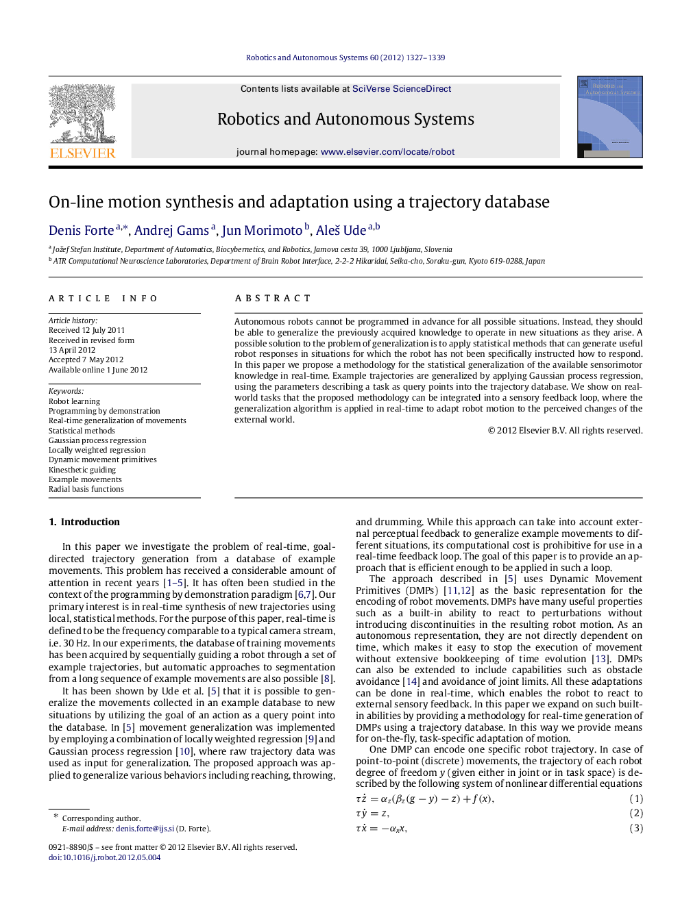 On-line motion synthesis and adaptation using a trajectory database