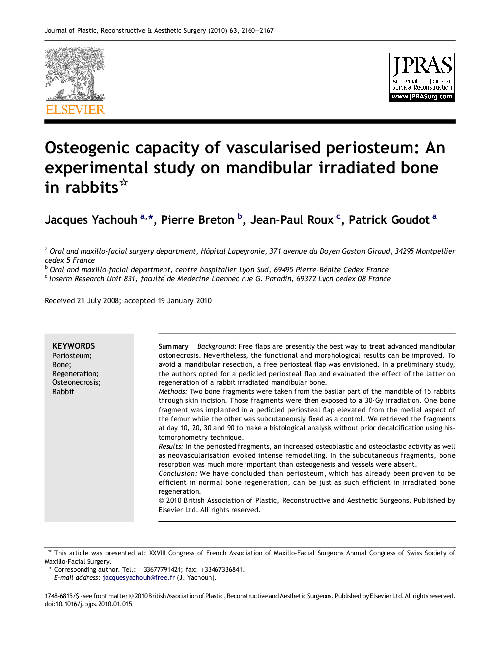 Osteogenic capacity of vascularised periosteum: An experimental study on mandibular irradiated bone in rabbits 