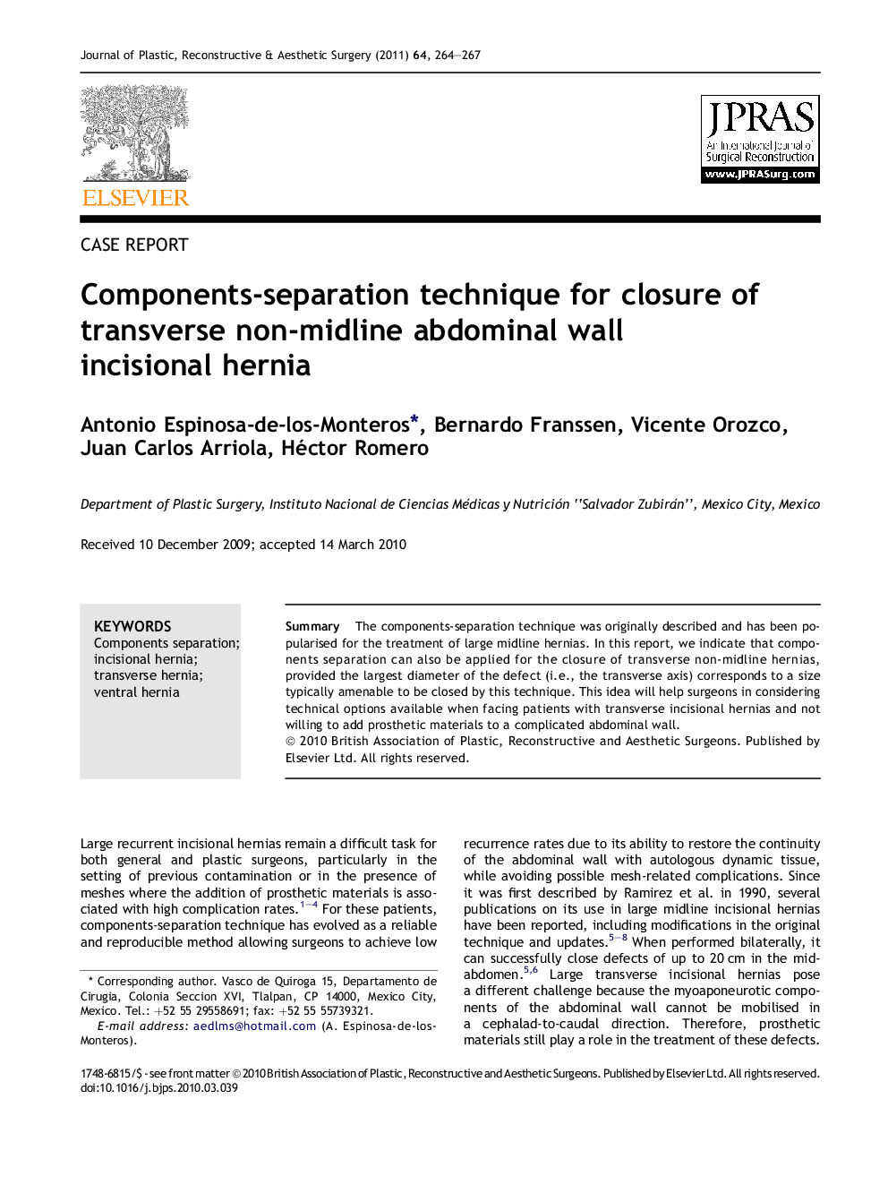 Components-separation technique for closure of transverse non-midline abdominal wall incisional hernia