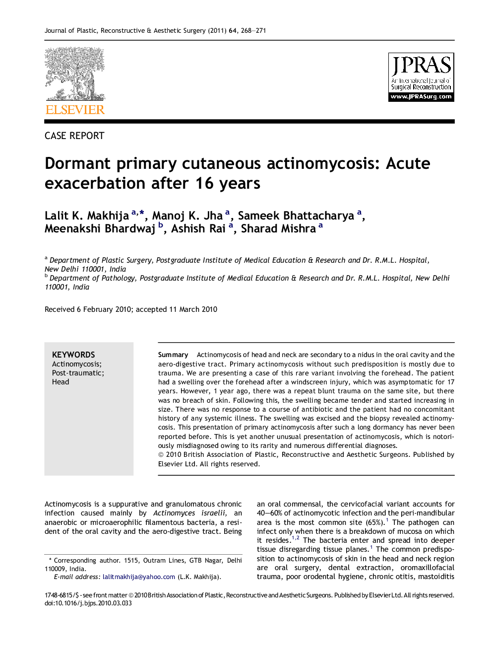 Dormant primary cutaneous actinomycosis: Acute exacerbation after 16 years