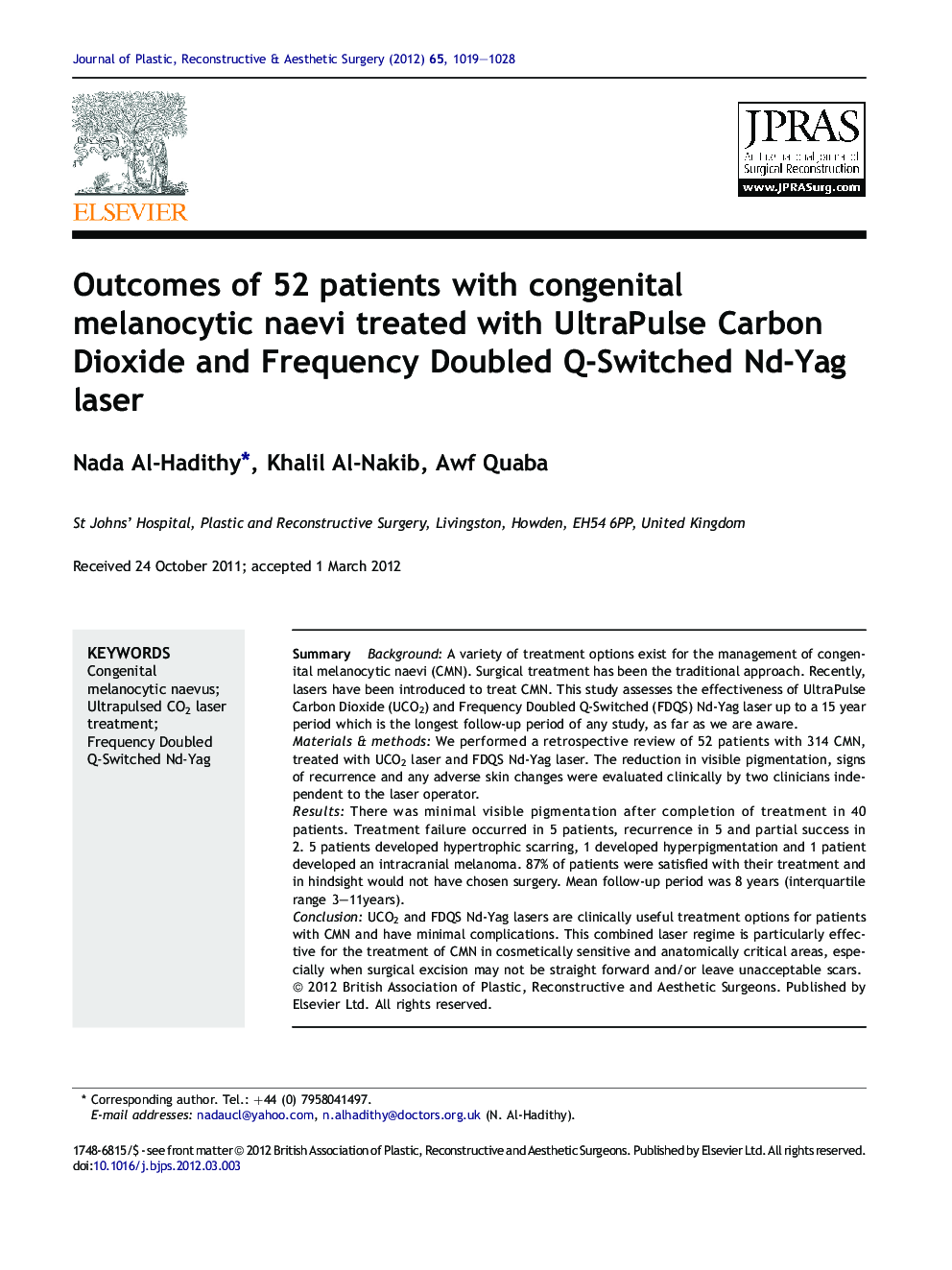 Outcomes of 52 patients with congenital melanocytic naevi treated with UltraPulse Carbon Dioxide and Frequency Doubled Q-Switched Nd-Yag laser