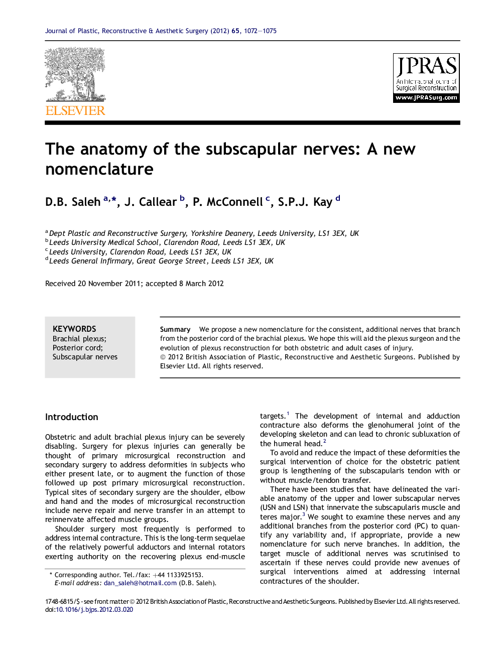 The anatomy of the subscapular nerves: A new nomenclature