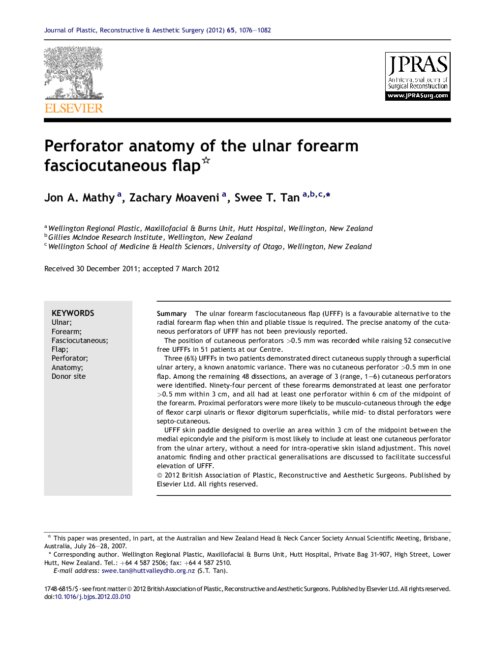 Perforator anatomy of the ulnar forearm fasciocutaneous flap 