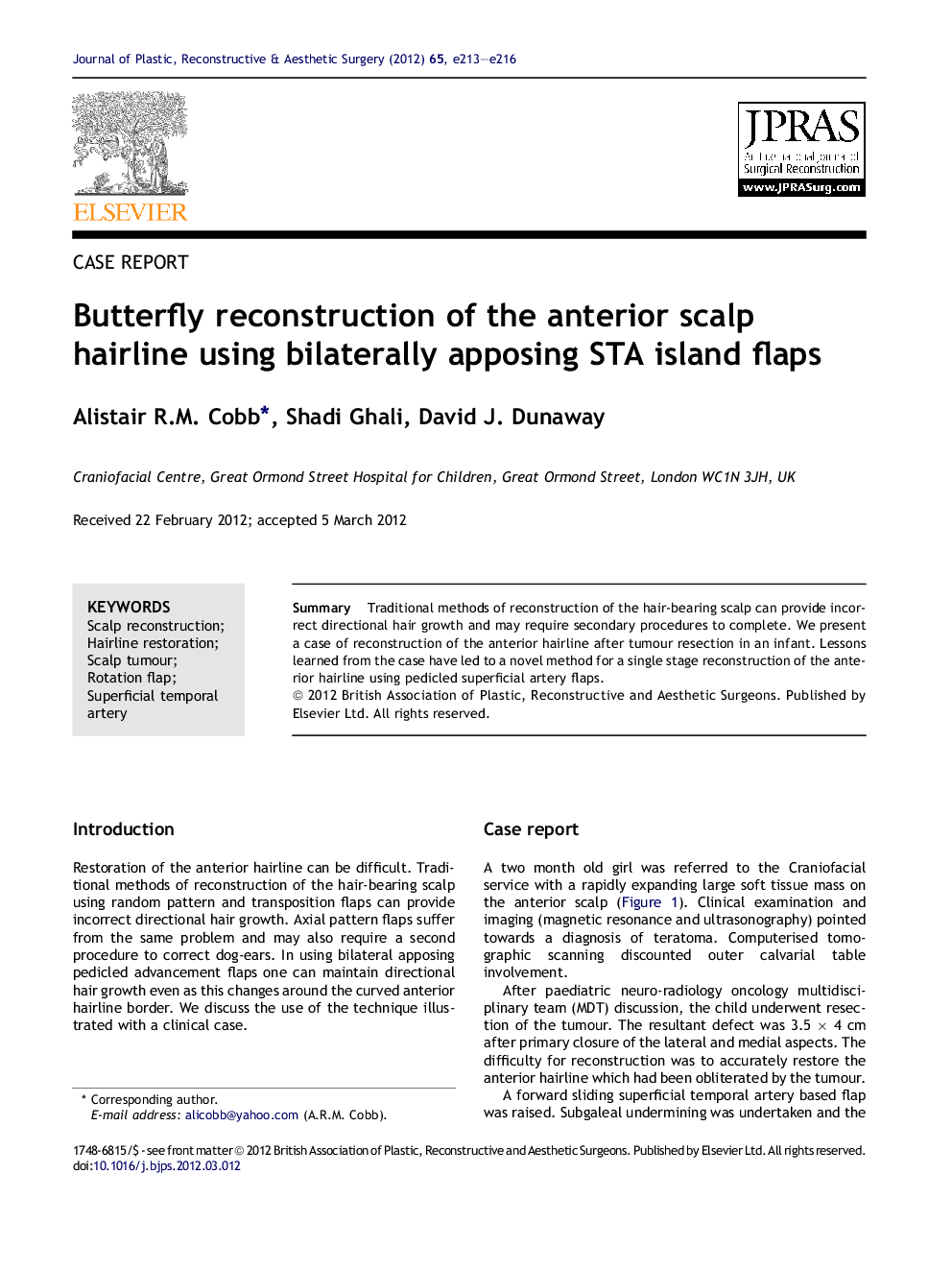 Butterfly reconstruction of the anterior scalp hairline using bilaterally apposing STA island flaps