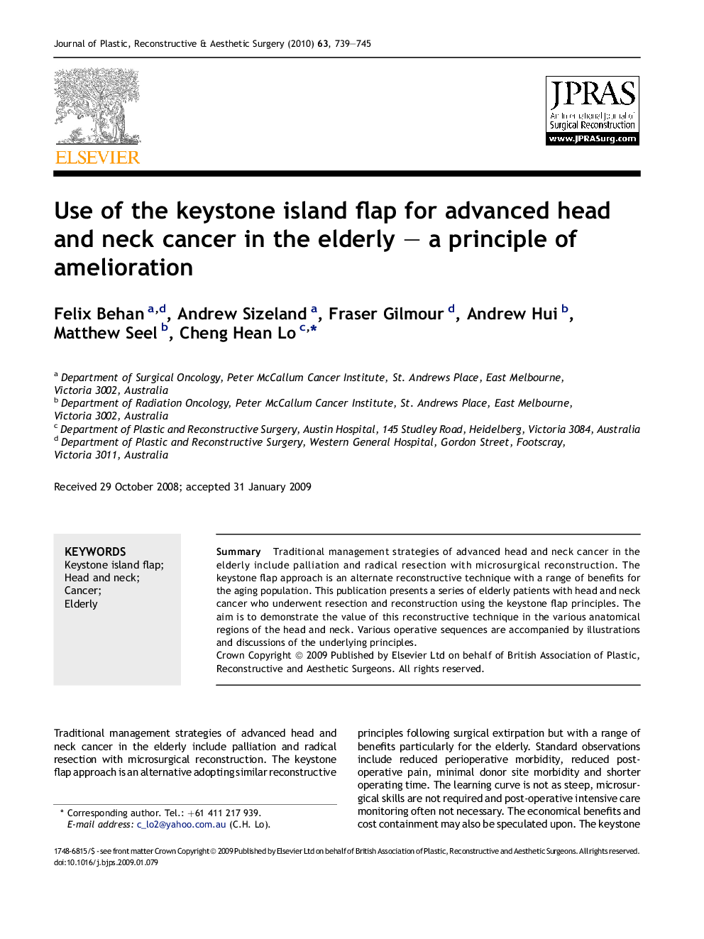 Use of the keystone island flap for advanced head and neck cancer in the elderly – a principle of amelioration