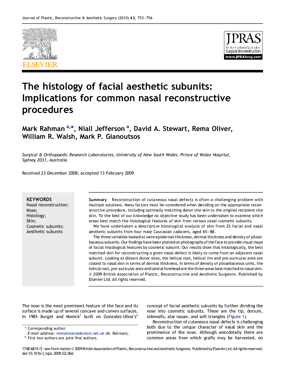 The histology of facial aesthetic subunits: Implications for common nasal reconstructive procedures