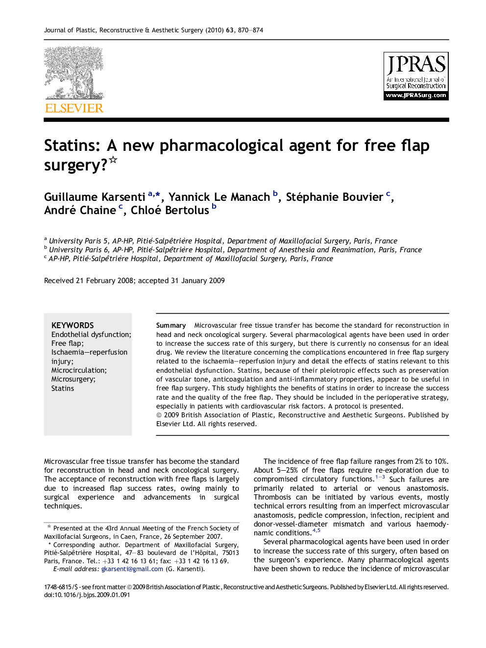 Statins: A new pharmacological agent for free flap surgery? 