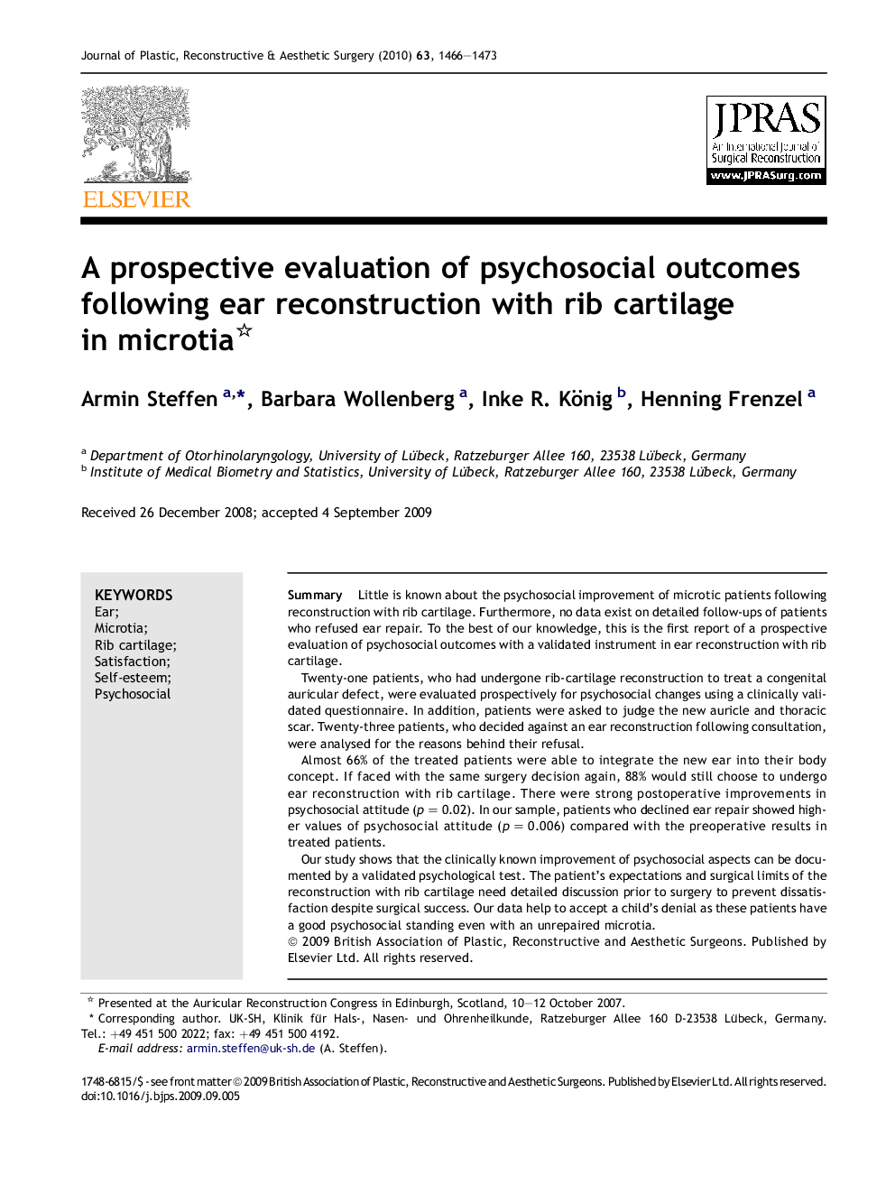 A prospective evaluation of psychosocial outcomes following ear reconstruction with rib cartilage in microtia 