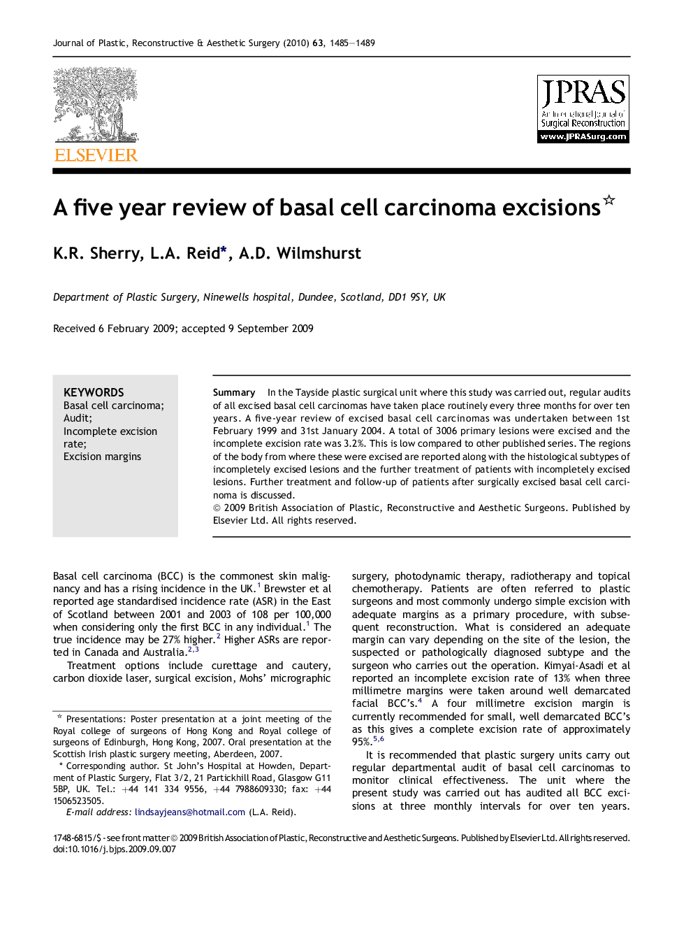 A five year review of basal cell carcinoma excisions 