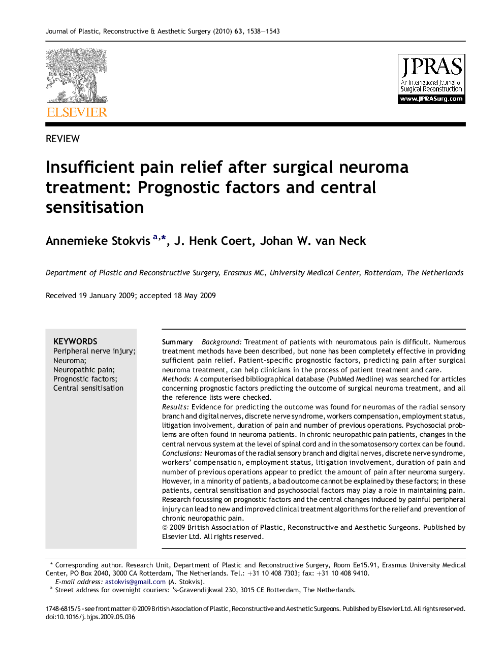 Insufficient pain relief after surgical neuroma treatment: Prognostic factors and central sensitisation