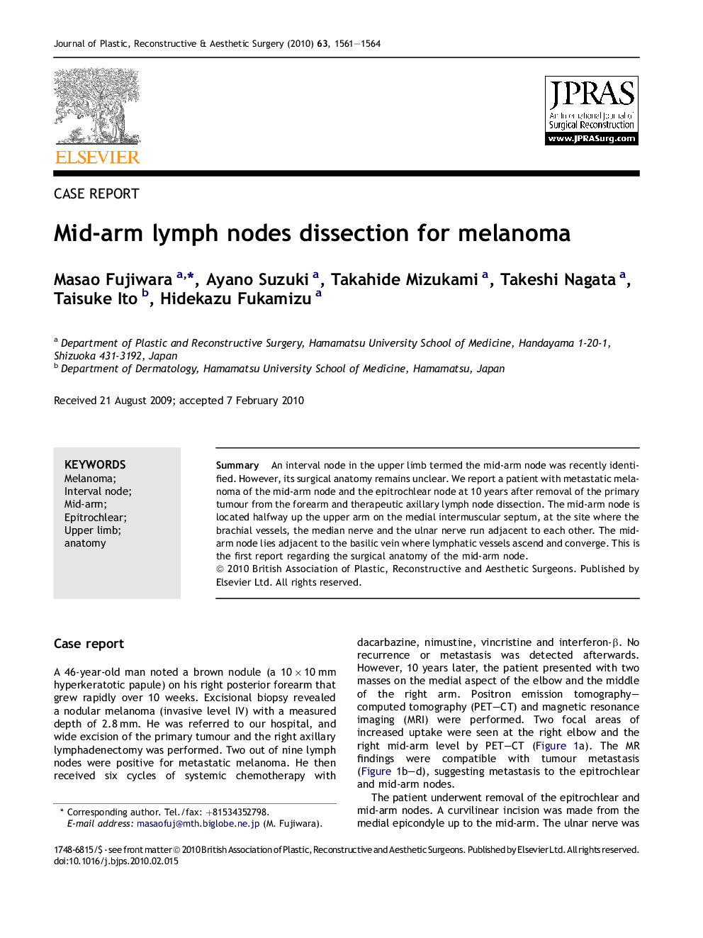 Mid-arm lymph nodes dissection for melanoma