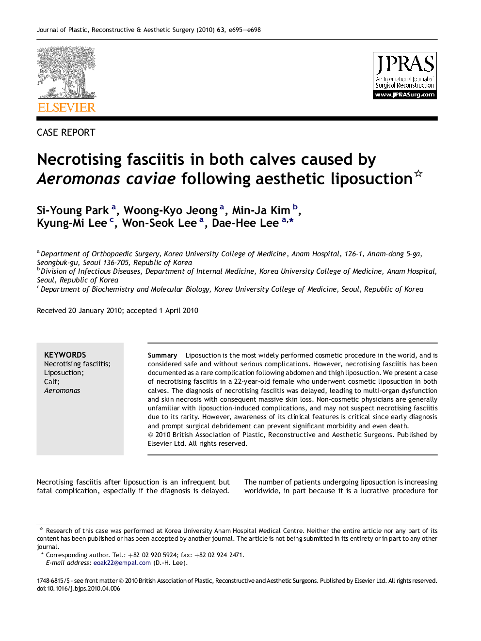 Necrotising fasciitis in both calves caused by Aeromonas caviae following aesthetic liposuction 