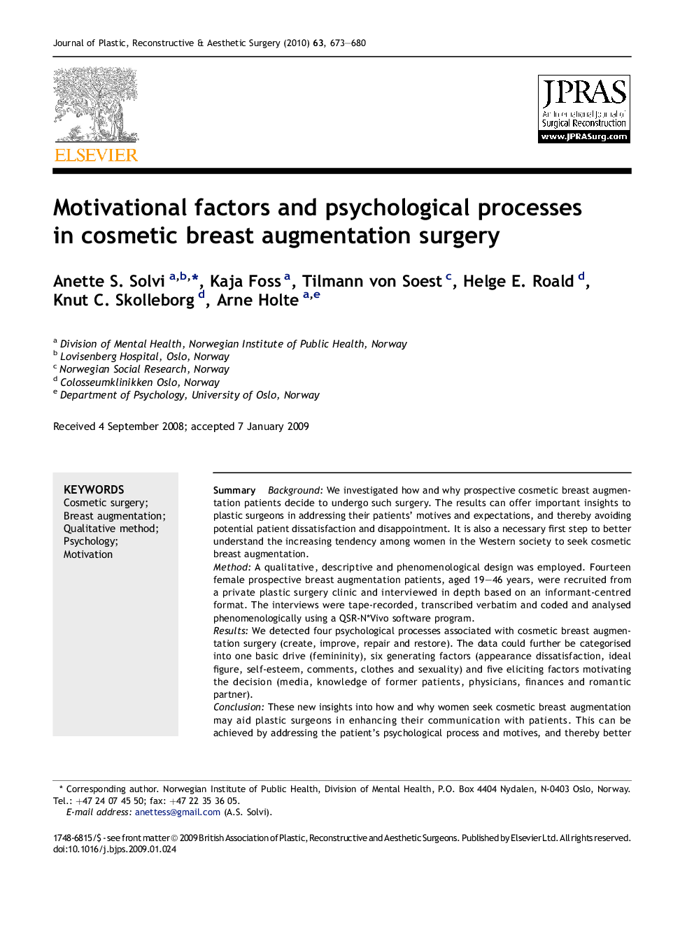 Motivational factors and psychological processes in cosmetic breast augmentation surgery