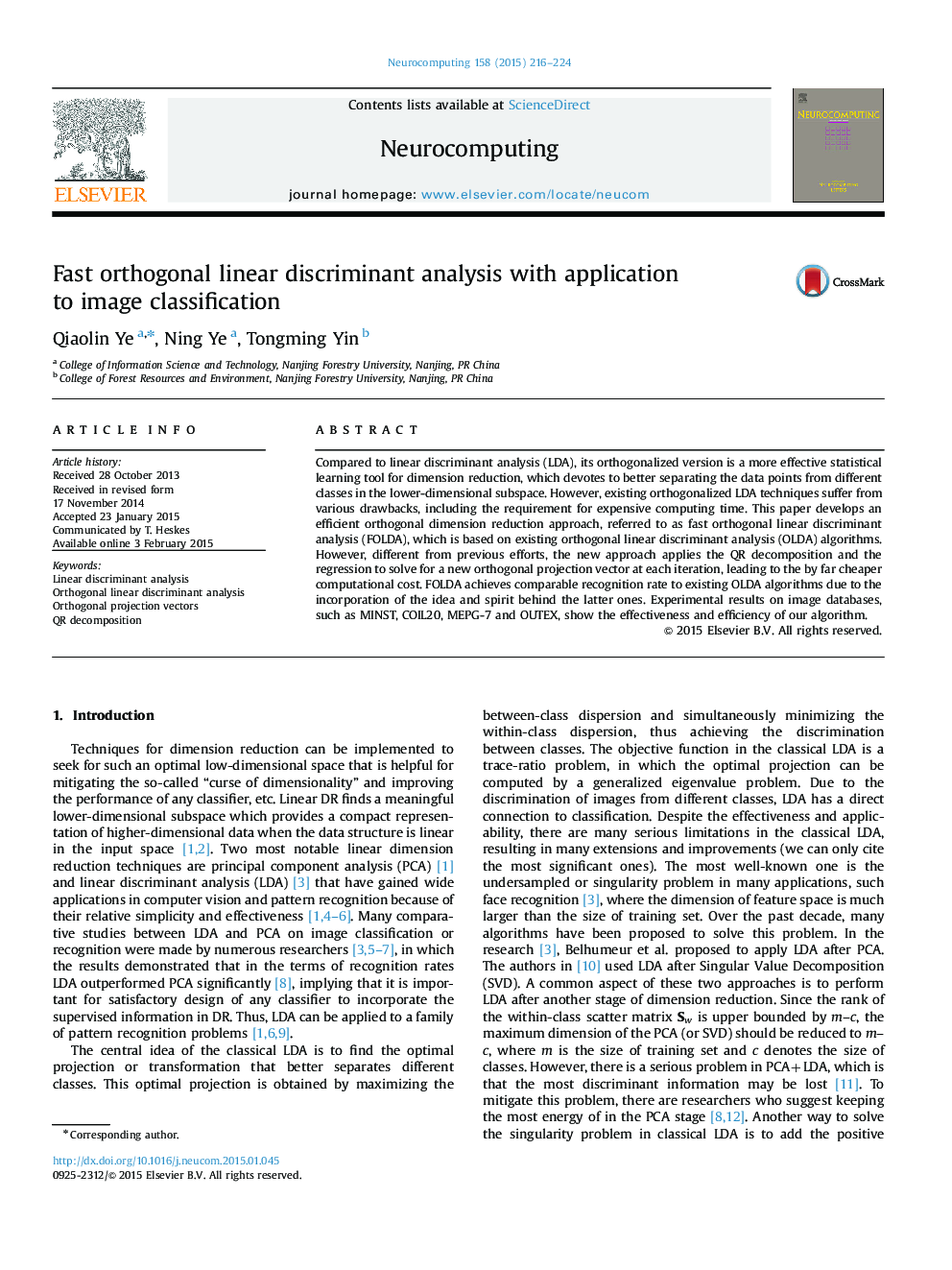 Fast orthogonal linear discriminant analysis with application to image classification