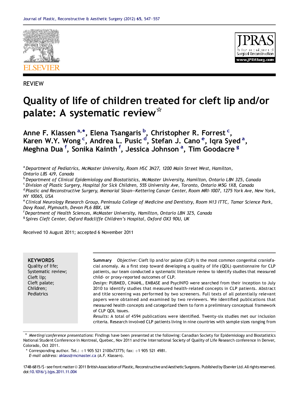 Quality of life of children treated for cleft lip and/or palate: A systematic review 