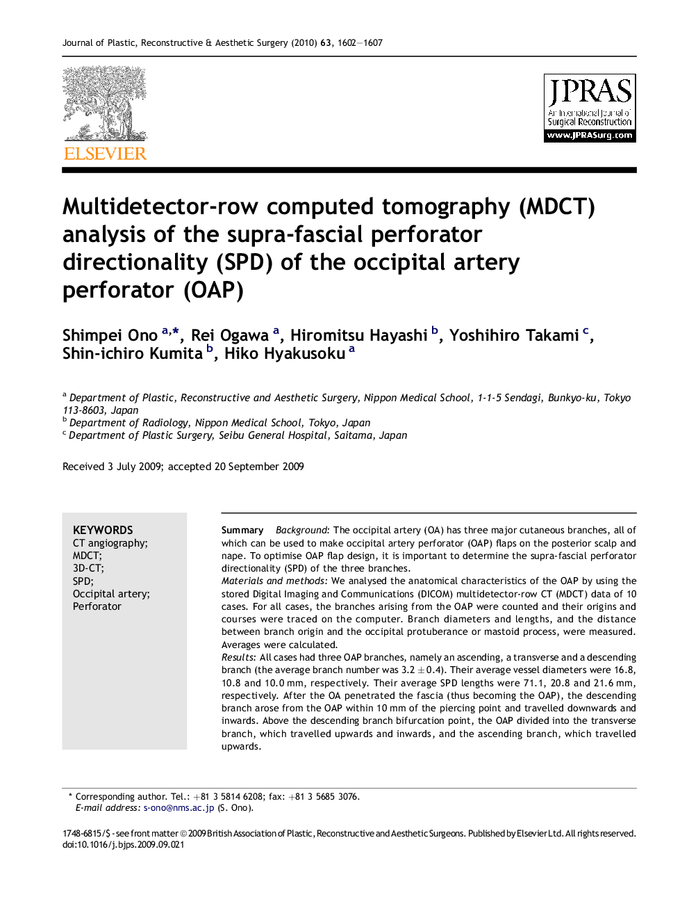 Multidetector-row computed tomography (MDCT) analysis of the supra-fascial perforator directionality (SPD) of the occipital artery perforator (OAP)